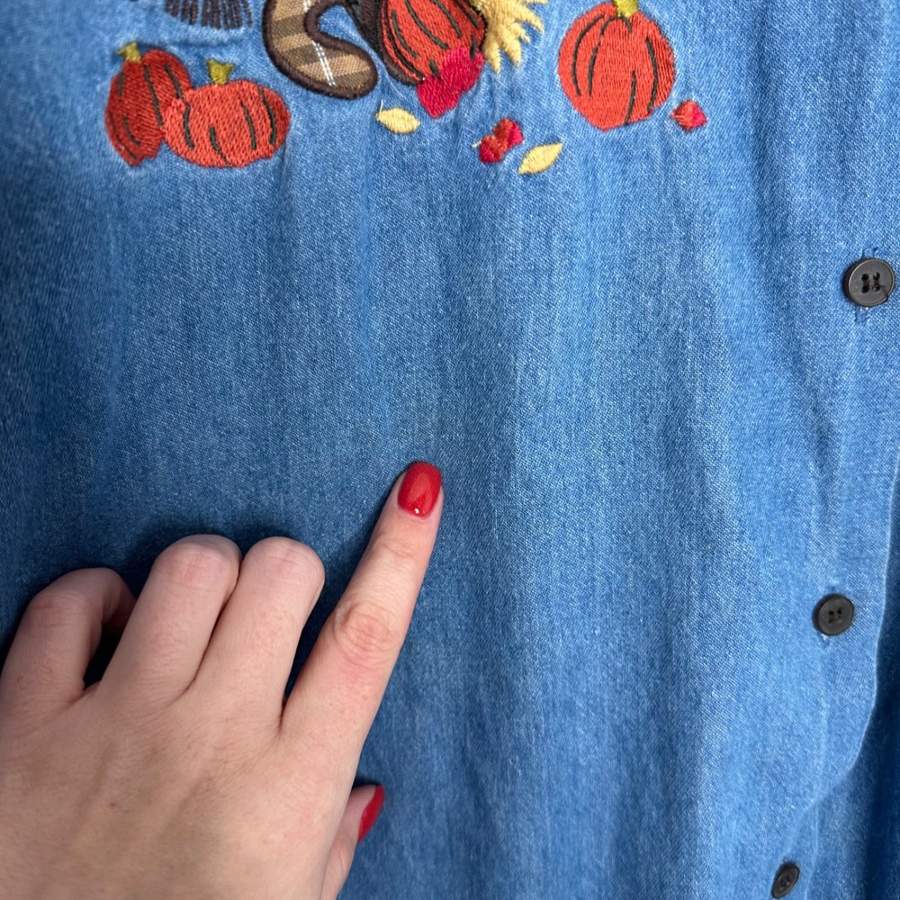 Karen Scott II Women's Denim Shirt‎ Fall Cats Pumpkins Corn Embroidery 2X - Picture 3 of 9